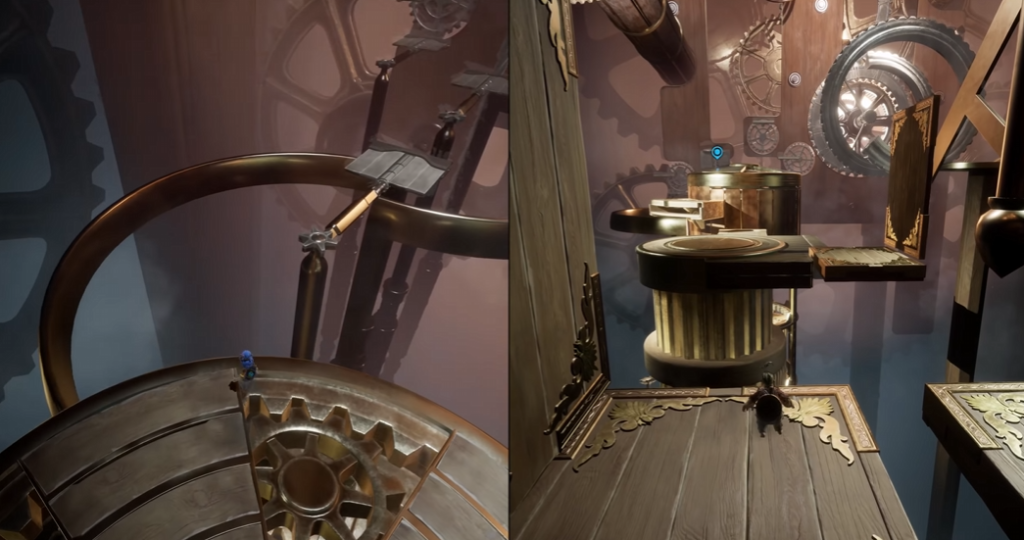 It Takes Two characters on gears in clockwork room