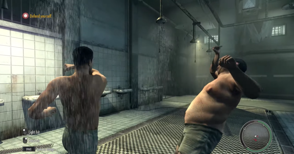 Two men fighting under showerheads.