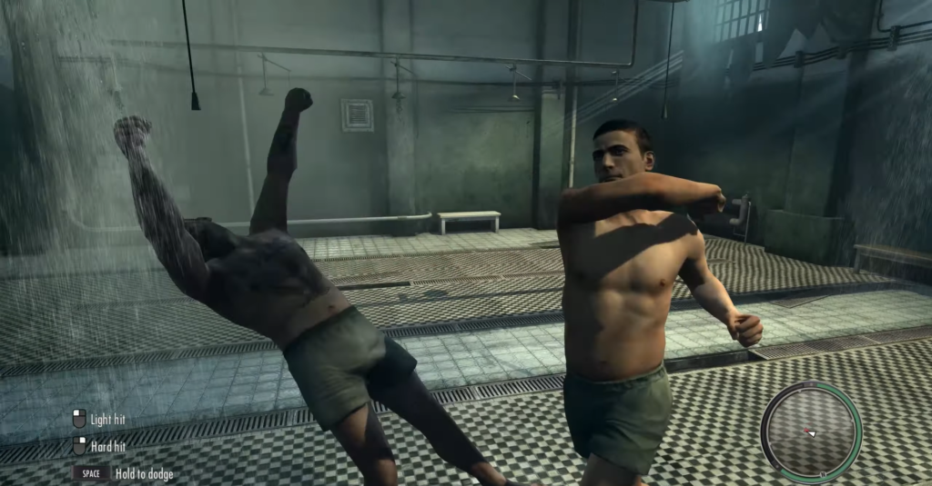 shirtless men fighting in dimly lit room