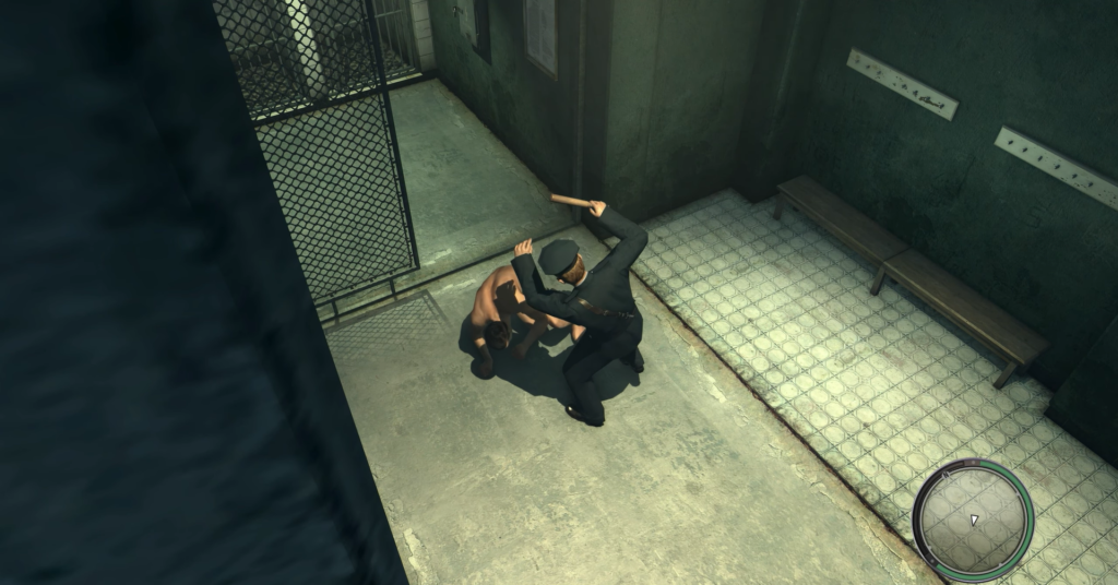 Man attacking another with a bat.