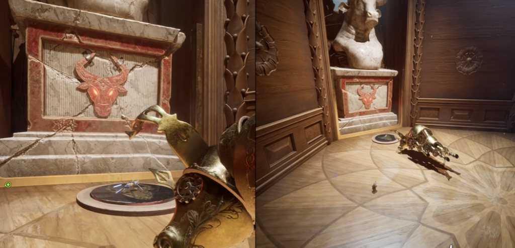 Tiny character near fallen brass cannon in wooden room