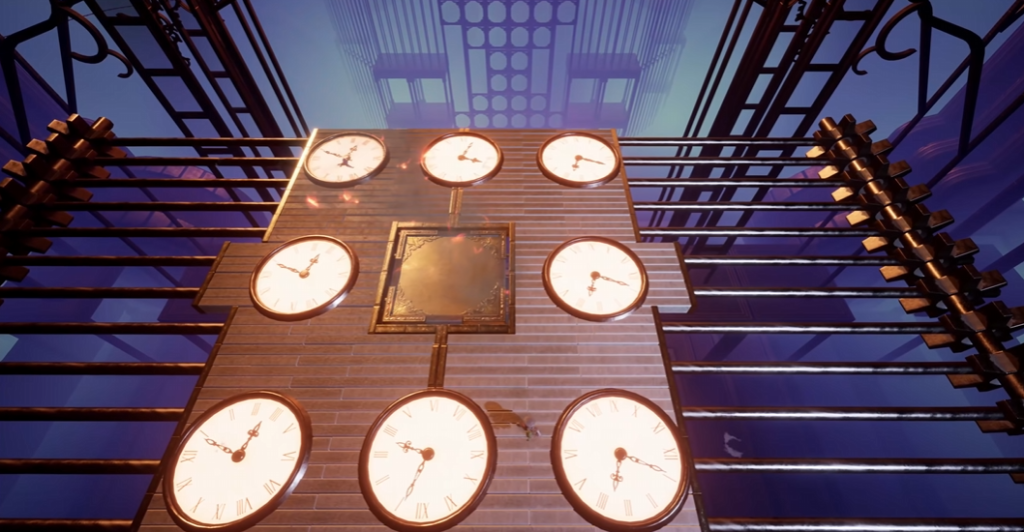 Multiple clocks mounted on brick wall in atrium