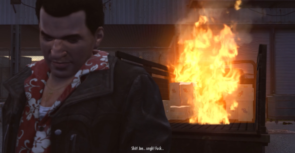 Man in floral shirt near fire.