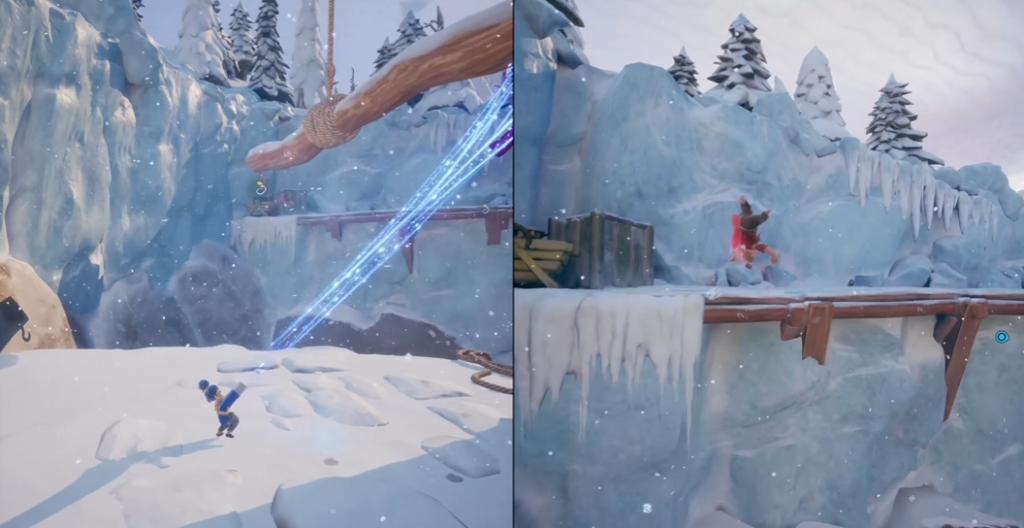 Split-screen characters running on snowy ice cliffs