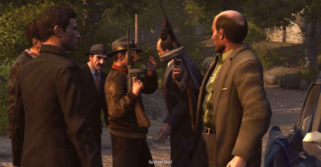 Mafia II characters discussing weapons outdoors.