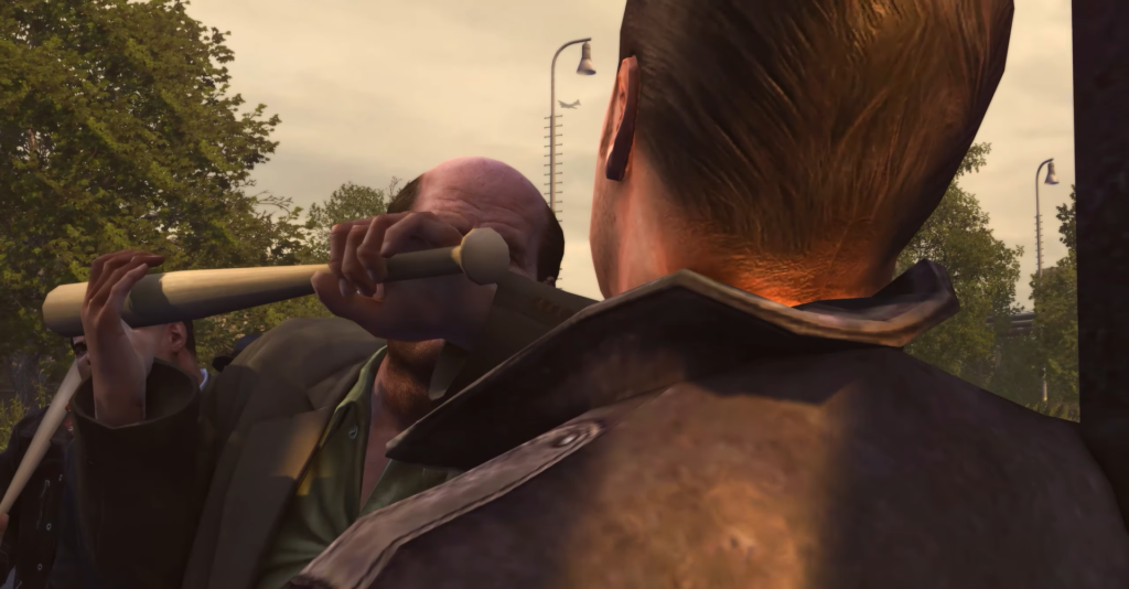 man striking another with baseball bat