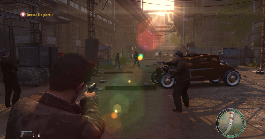 Gunmen confront each other in alley.