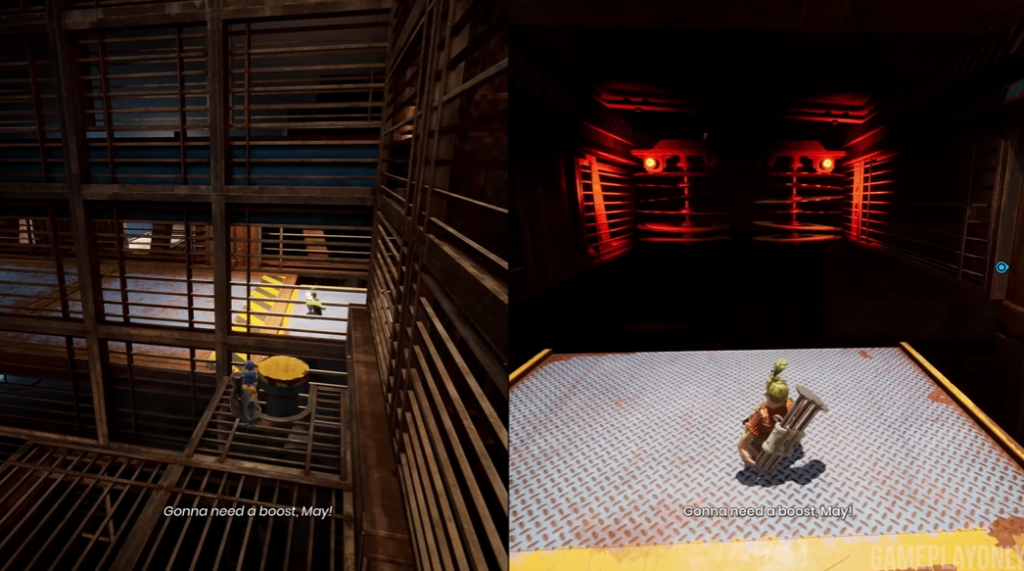 It Takes Two characters standing on metal platforms indoors