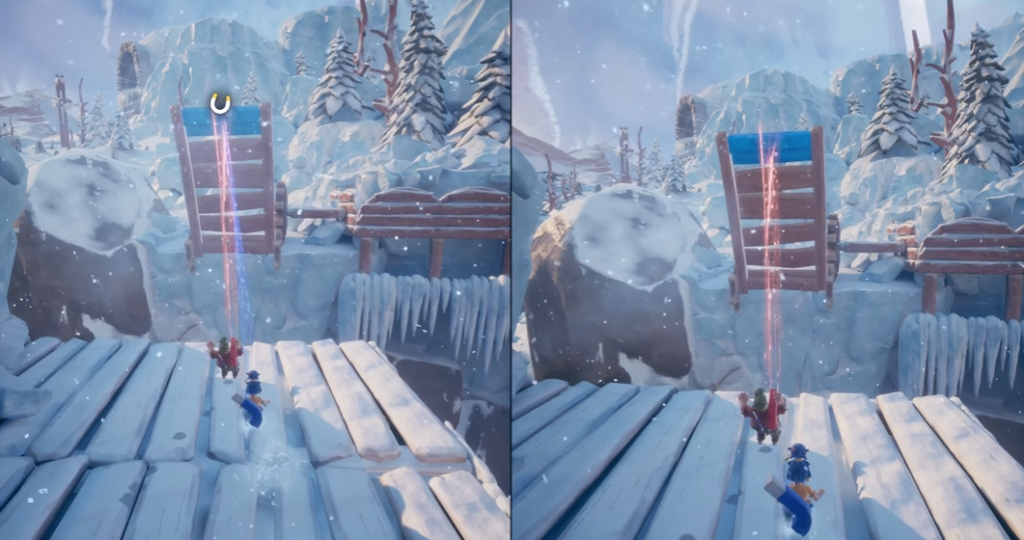 It Takes Two characters jumping on snowy wooden platform