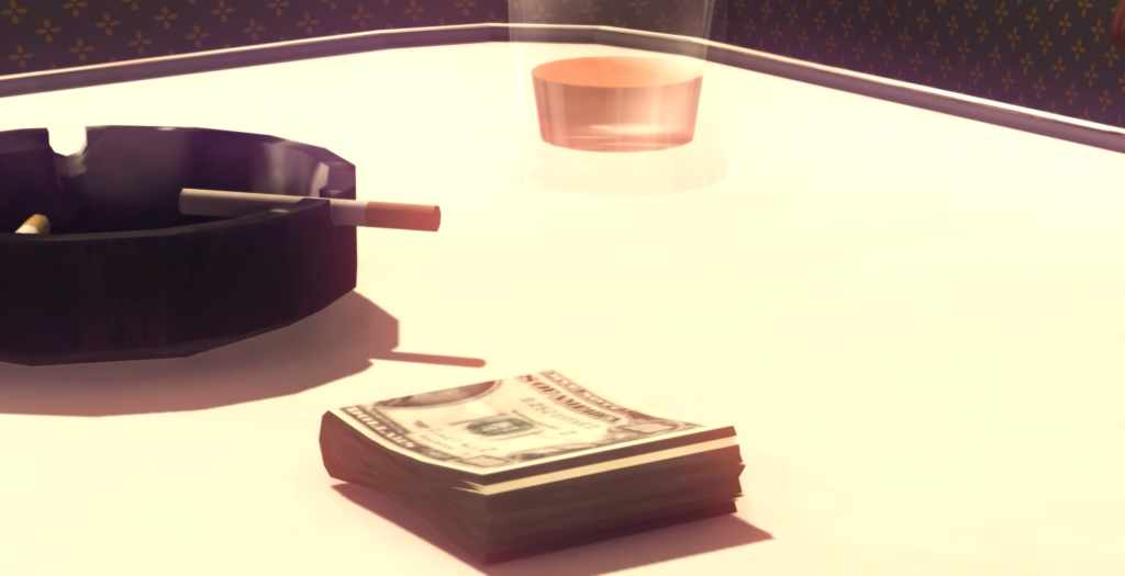 Cigarette ashtray, cash stack, whiskey glass.