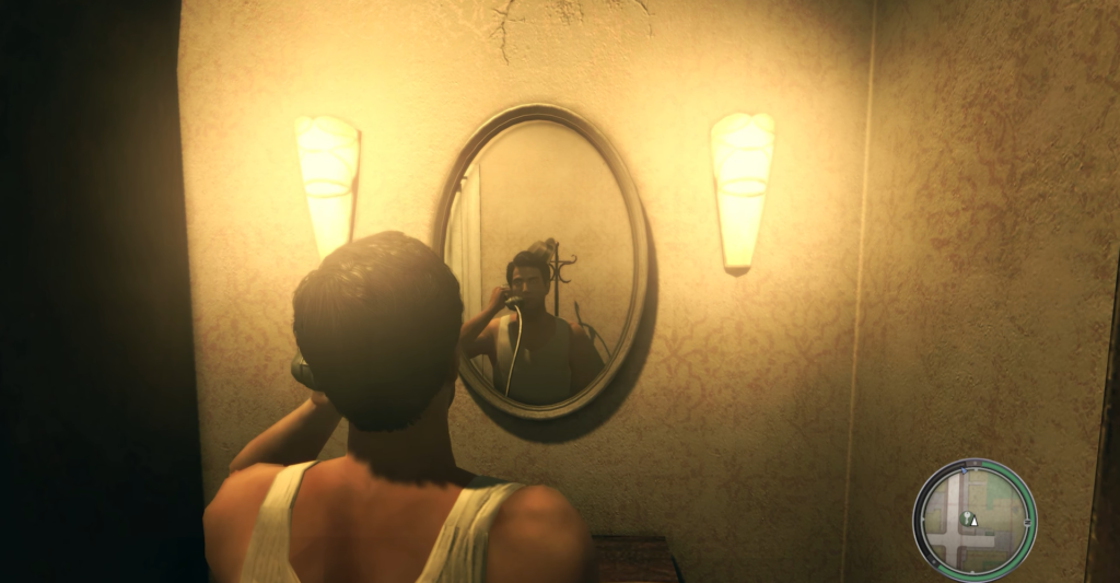 Man holding gun in bathroom mirror.