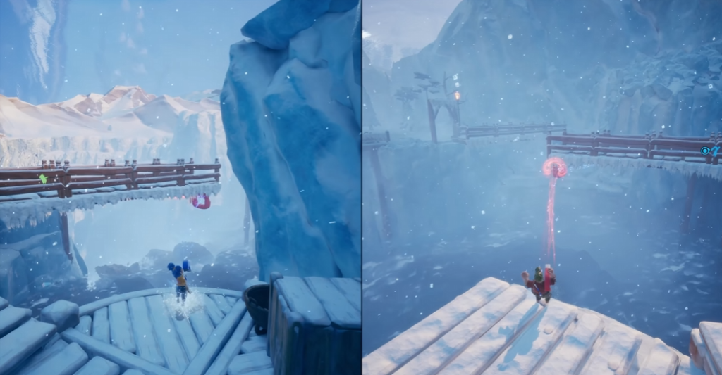 It Takes Two characters aiming at bridge in snowstorm