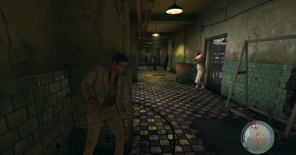 Man in beige suit sneaks hallway.