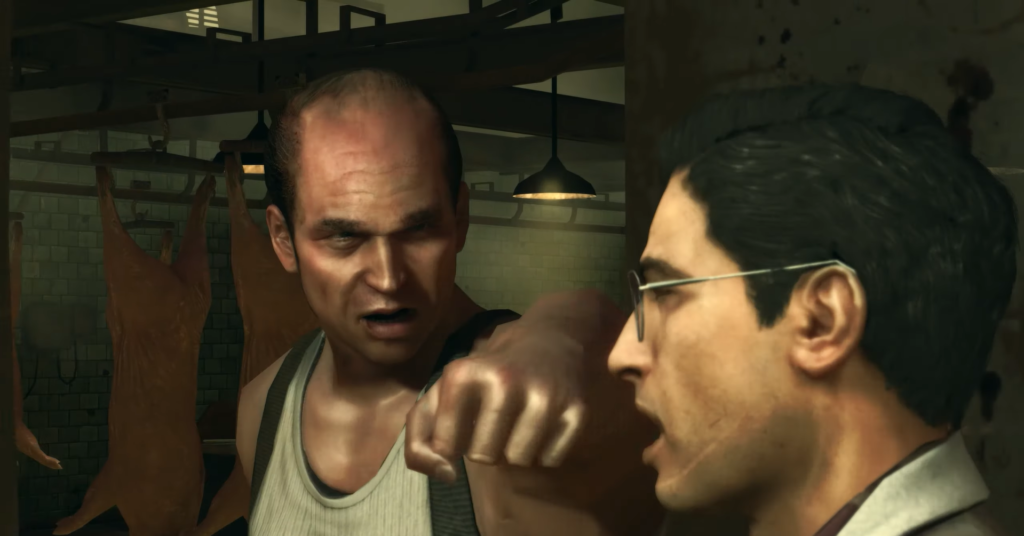 Man punches another man in butcher shop.