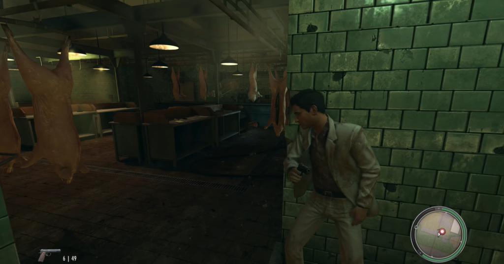 Man in white suit holding gun.