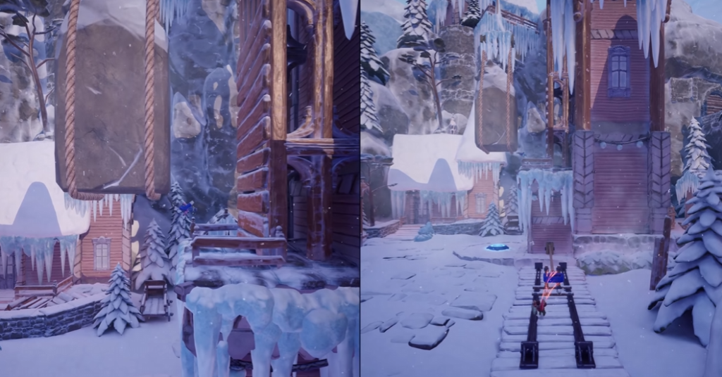 Character climbing icy tower in snowy village level