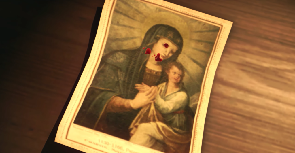 Mary holding child, bloodstains visible.