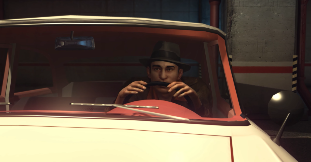 Man in fedora driving white car.