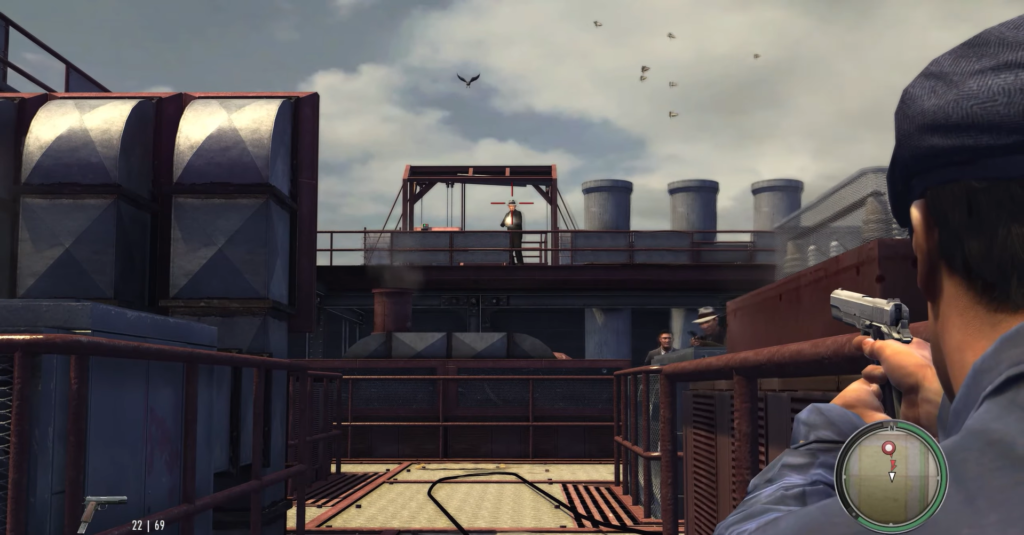 Man aiming pistol at distant target.