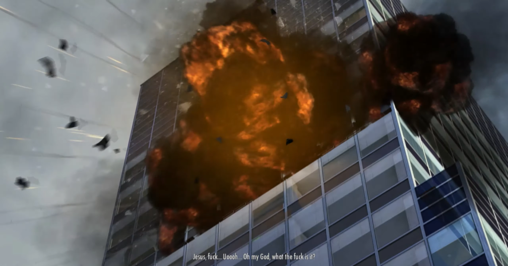 Explosion engulfing skyscraper, dark smoke billowing.