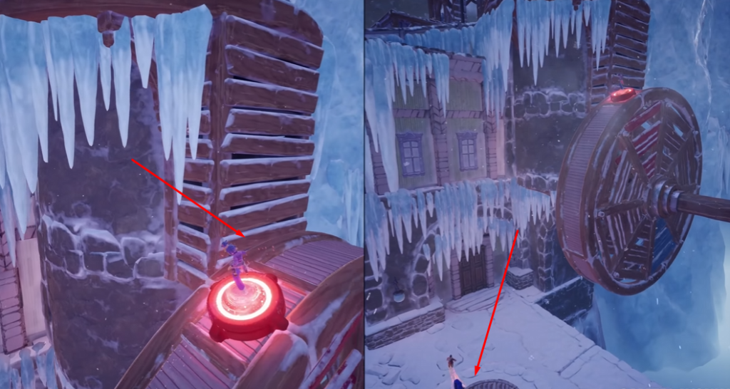 Character standing on red button in icy fortress