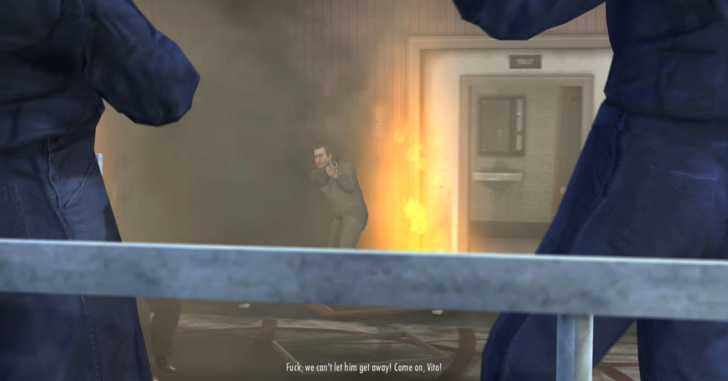 Man fleeing from fire, shouting urgently.