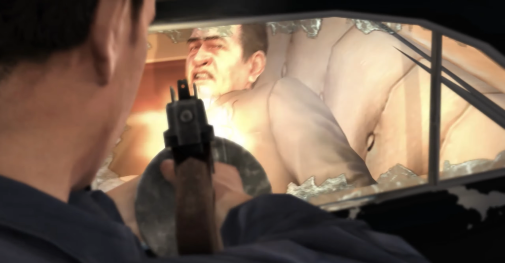 Man aiming shotgun at terrified man.