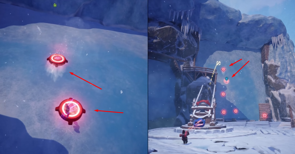 Red glowing targets floating above snowy mountain platform