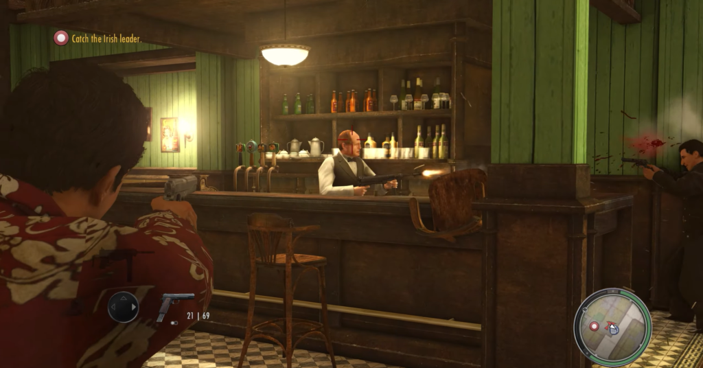 Man aiming gun at bar bartender.