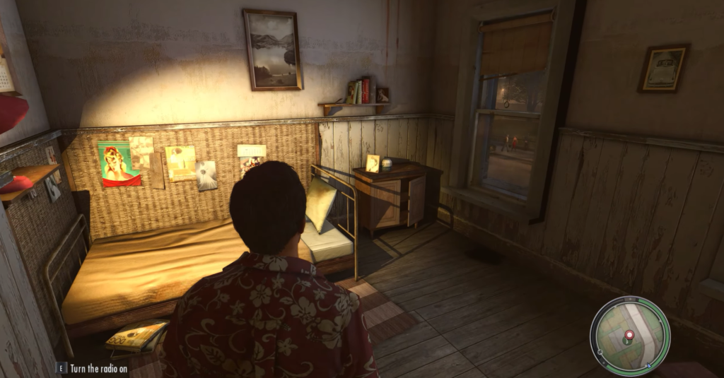 Man in floral shirt stands bedroom.