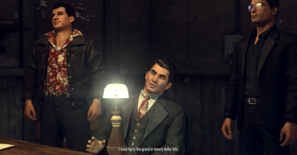 Three men in suits discussing money.