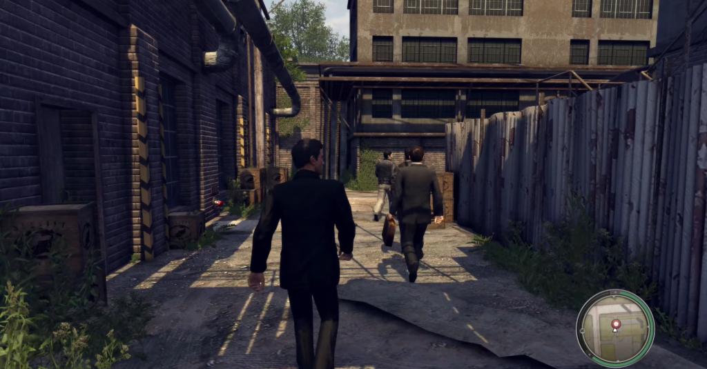 Men in suits walking alleyway, buildings.