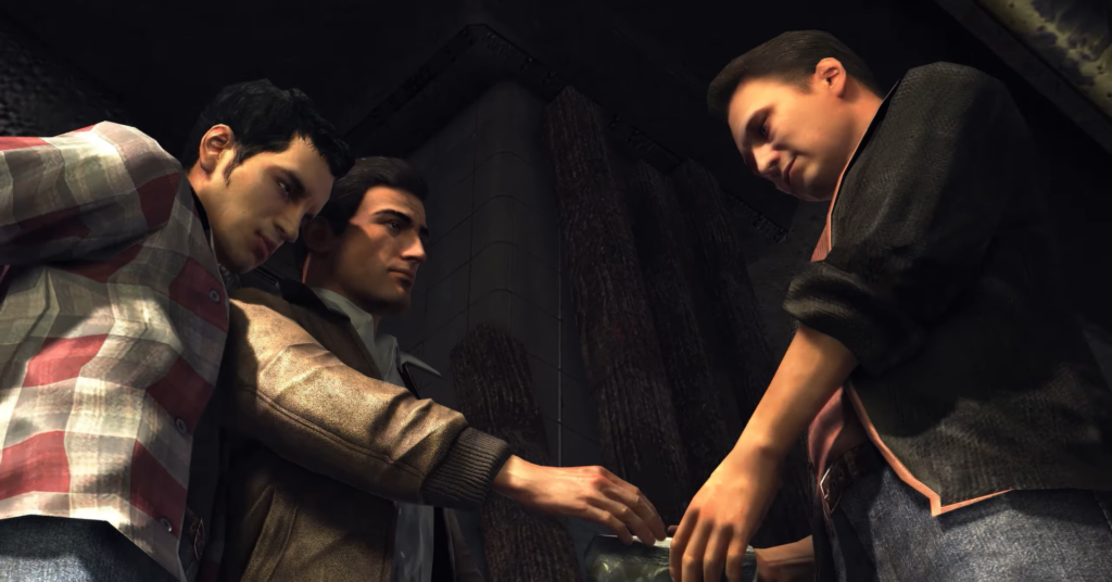 Three men exchanging money in shadows.