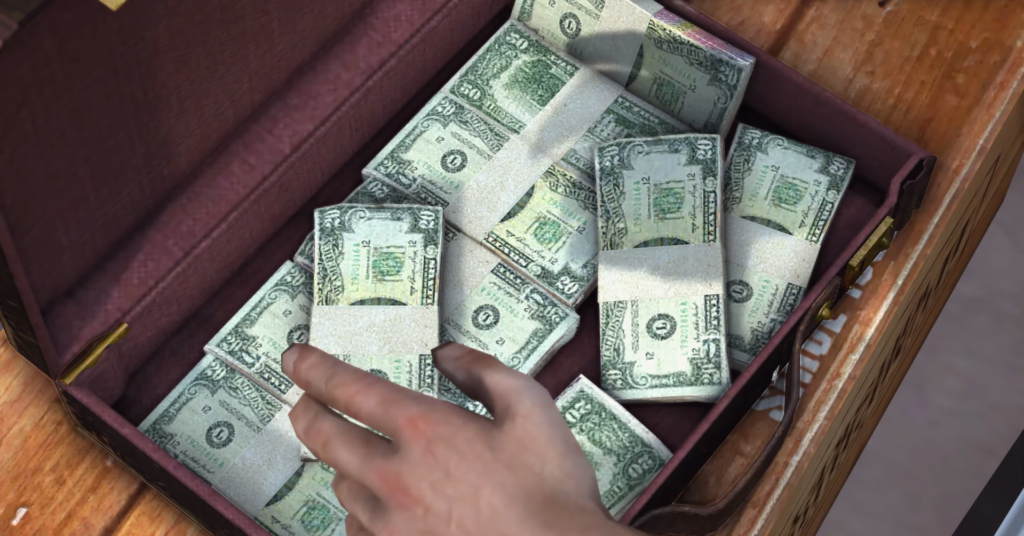 Hand reaching for cash bundles suitcase.