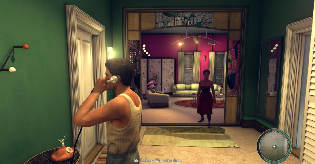 Man on phone, woman in red dress.