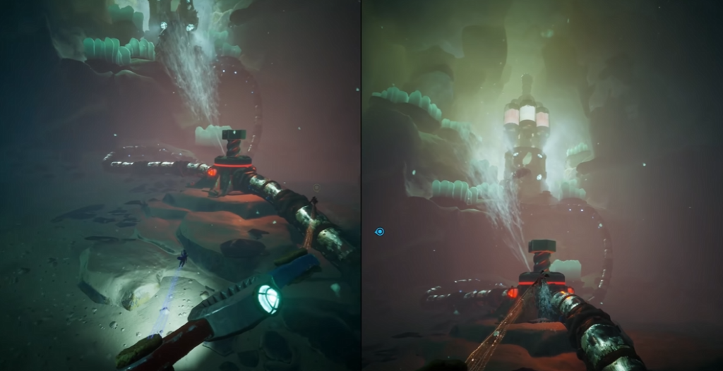 Split-screen underwater pipeline leading to lighthouse structure