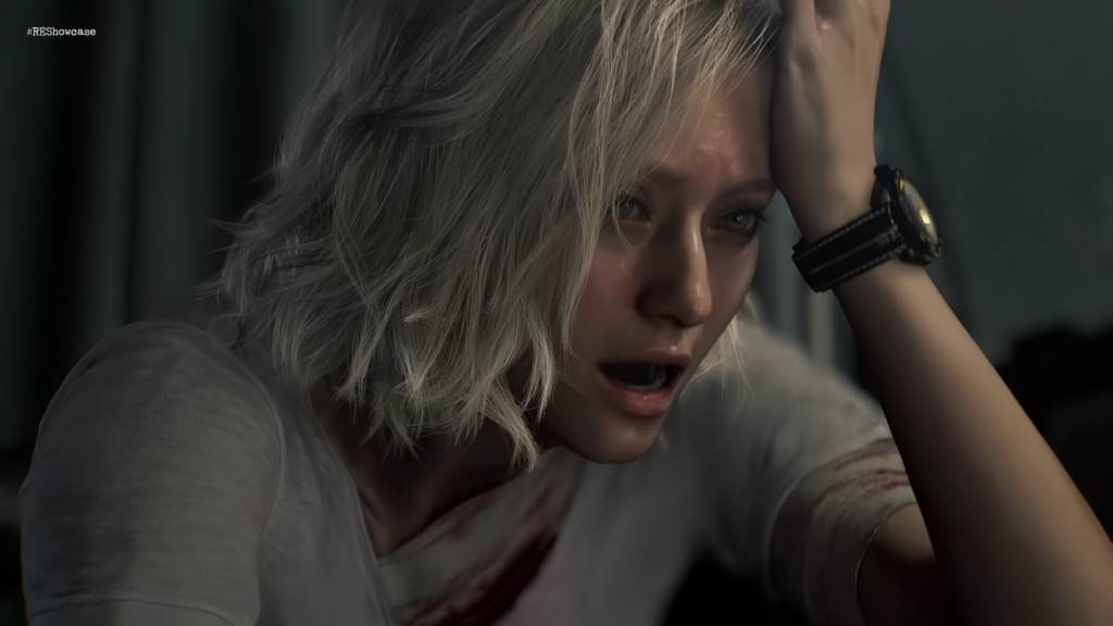 Woman with short blonde hair distressed.