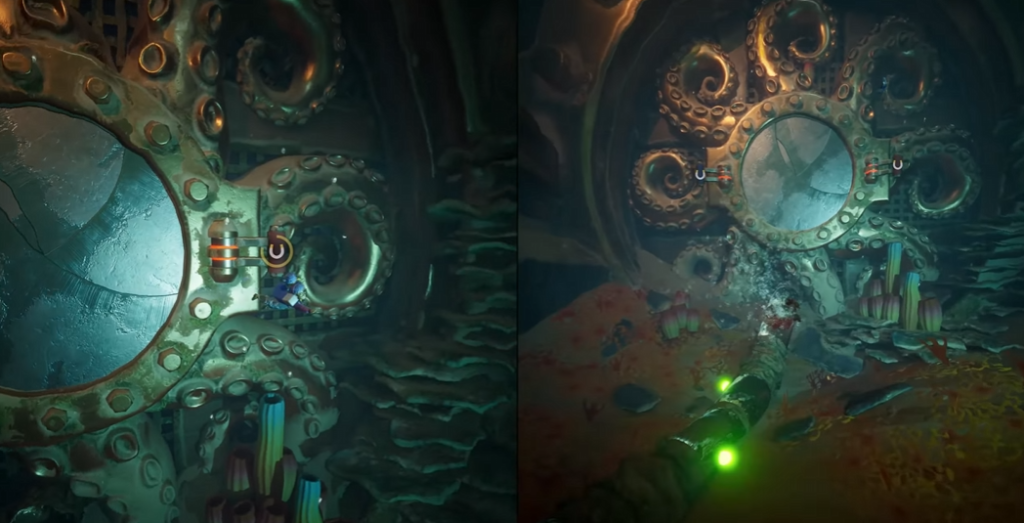 Diver underwater near octopus tentacles and porthole window