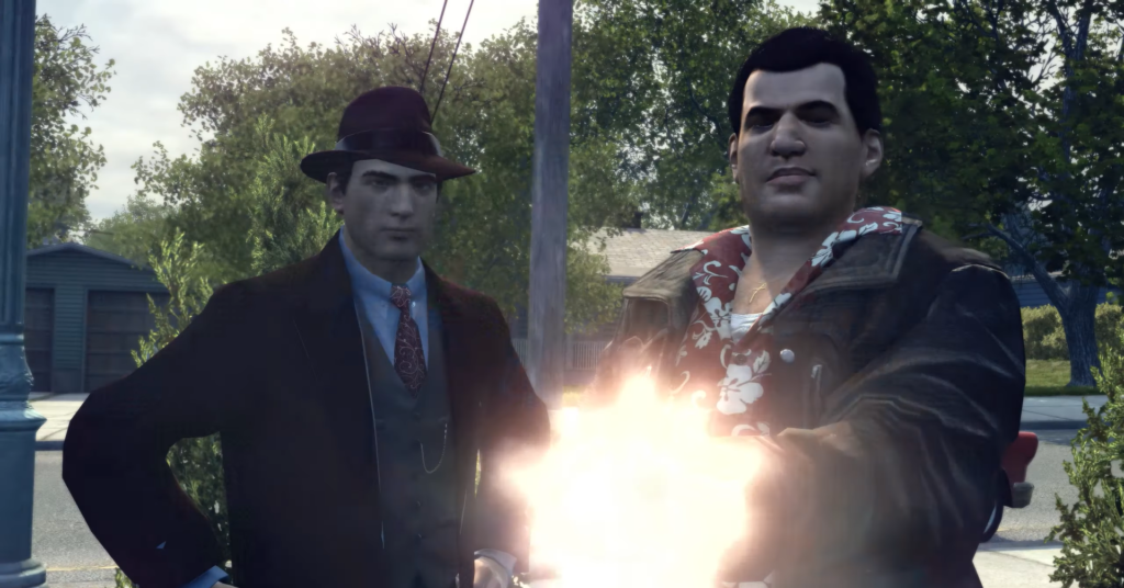 Two men aiming guns outdoors.