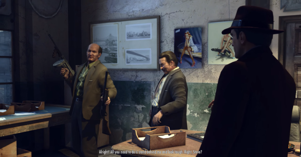 Three men discussing in dimly lit room.