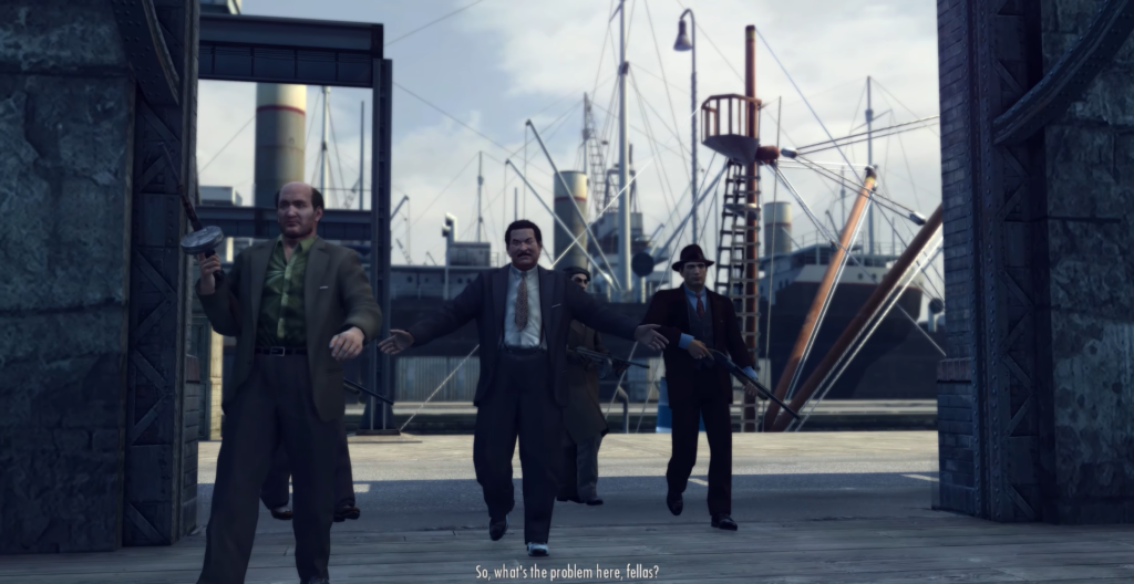 Men with guns walking dockside.