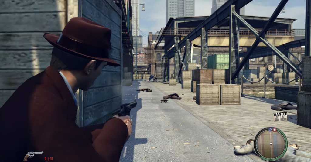 Man in brown suit aiming gun.