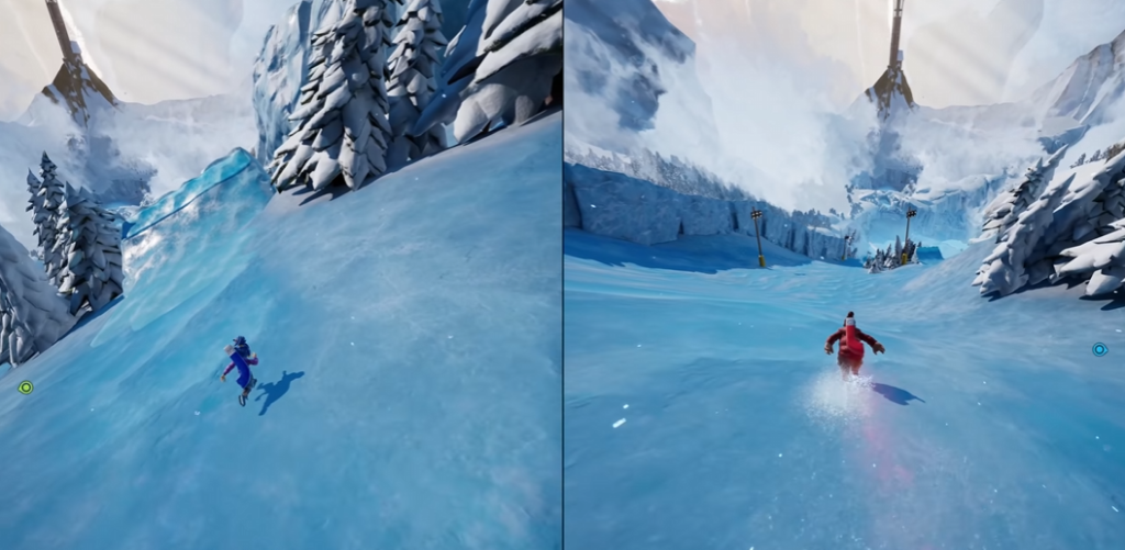 Two skiers racing downhill on snowy mountain slope