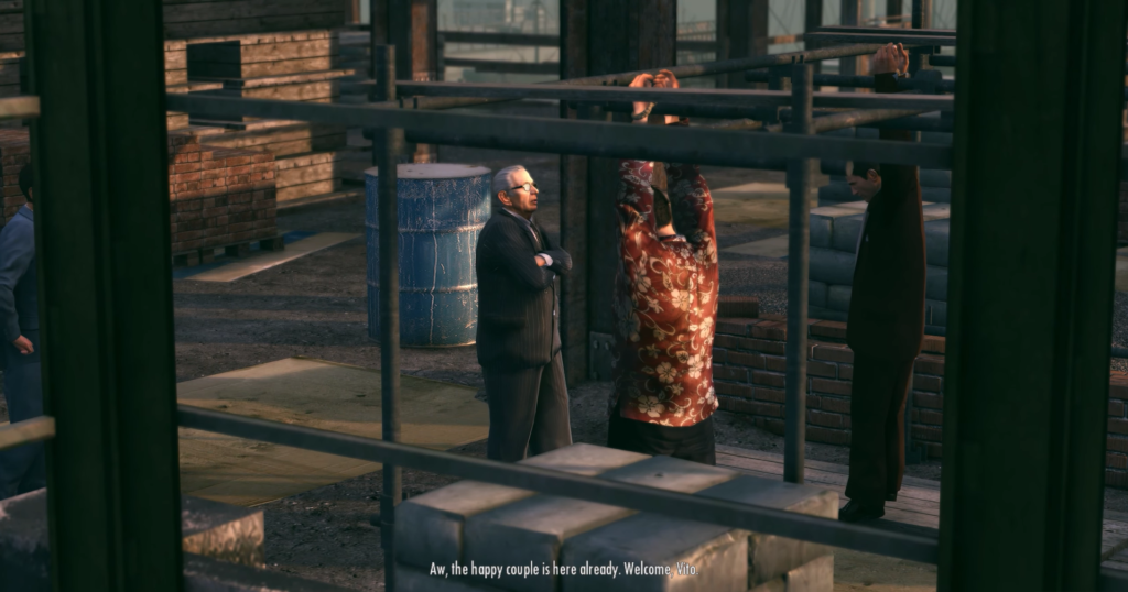 Men conversing near construction site scaffolding.