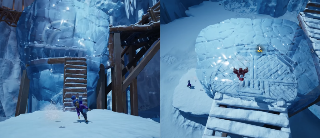 Blue character running near icy stairs in snow