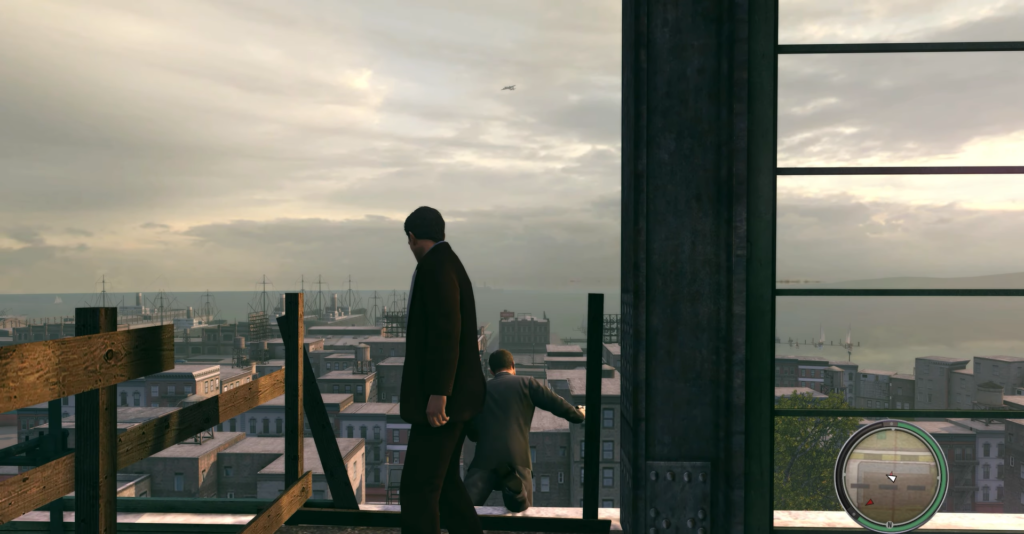 Two men in suits overlooking city.