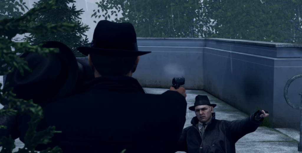 Gunman aims pistol at another man.