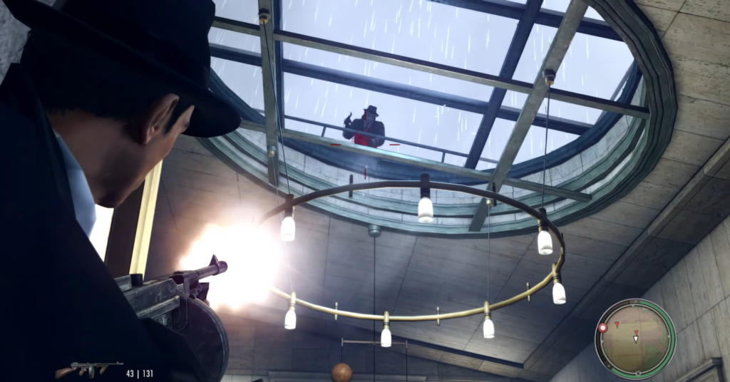 Man shooting upwards through glass ceiling.