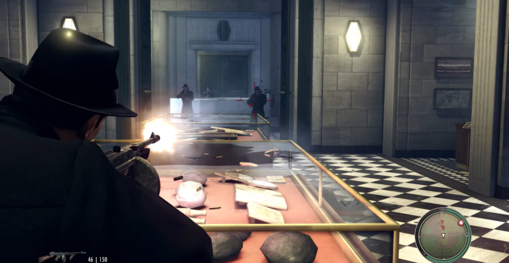 Gunman firing Tommy gun in bank.