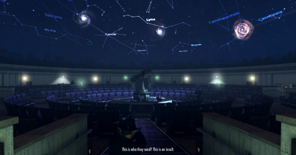 Starry sky with constellations above seats.